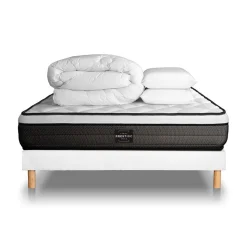 Pack sommier tapissier matelas Ressorts ensachés et mémoire de forme avec couette et oreillers