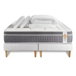 Pack sommier tapissier matelas Ressorts ensachés et mémoire de forme avec couette et oreillers
