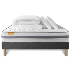Pack sommier tapissier matelas Ressorts ensachés et mémoire de forme avec couette et oreillers