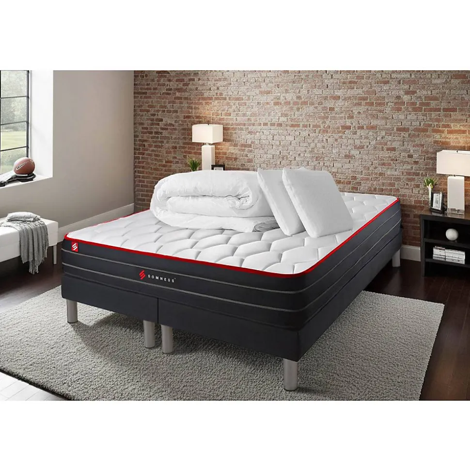 Pack sommier tapissier matelas Ressorts ensachés et mémoire de forme avec couette et oreillers