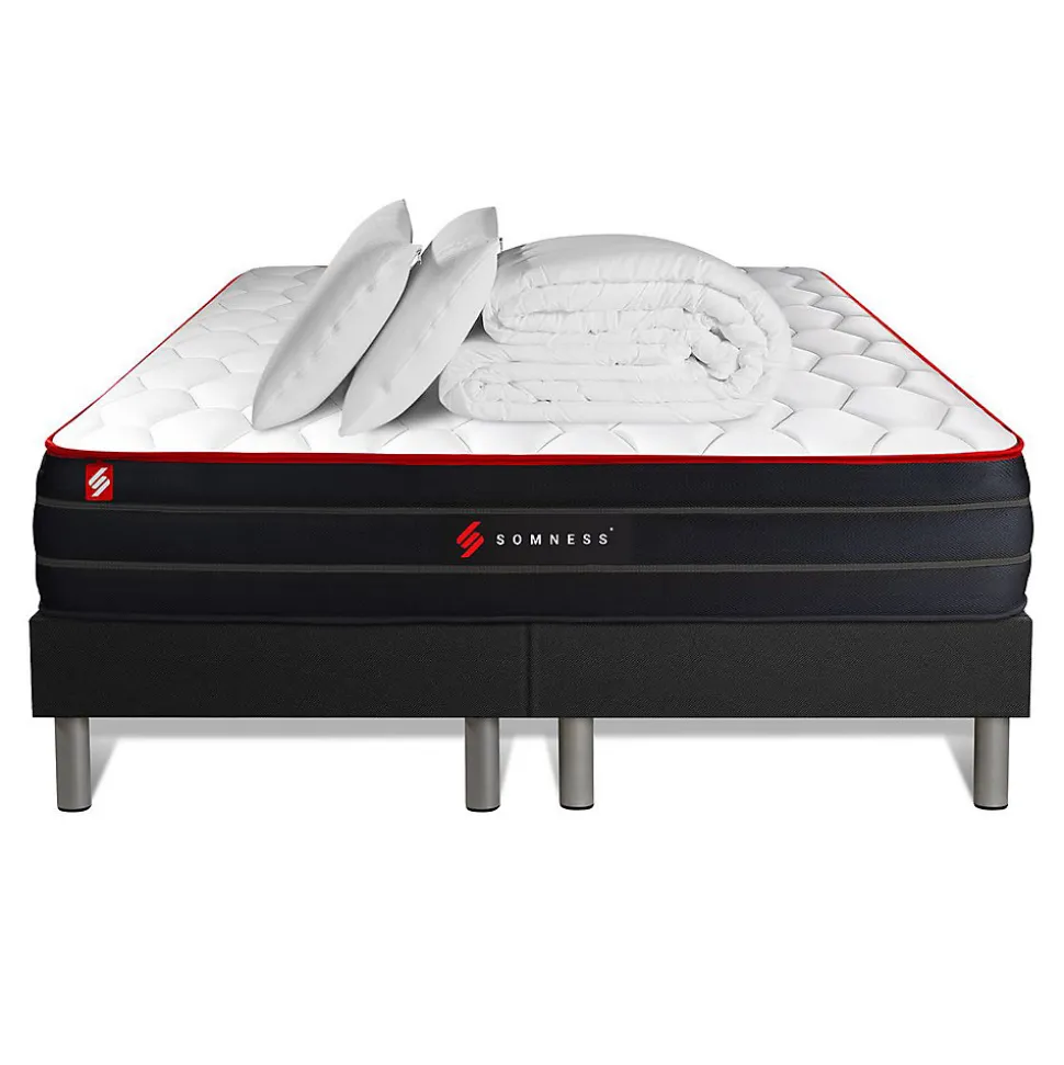 Pack sommier tapissier matelas Ressorts ensachés et mémoire de forme avec couette et oreillers