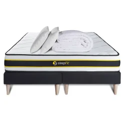 Pack sommier tapissier matelas Ressorts ensachés et mémoire de forme avec couette et oreillers