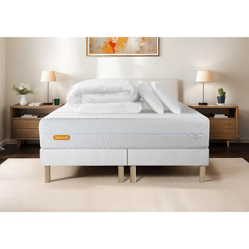Pack sommier tapissier matelas Mémoire de forme avec couette et oreillers