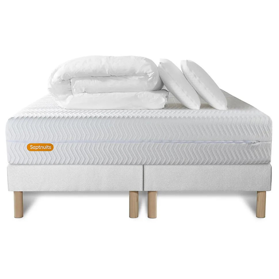 Pack sommier tapissier matelas Mémoire de forme avec couette et oreillers