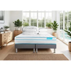 Pack sommier tapissier matelas Ressorts ensachés et mémoire de forme avec couette et oreillers