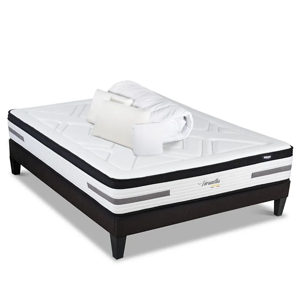 Pack Versailles 160x200 cm Matelas Ressorts ensachés + Sommier Bois + Accessoires