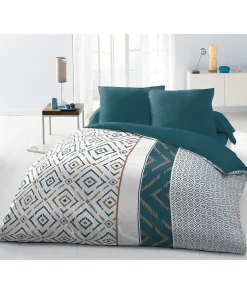 Parure de couette Microfibre ETHNO 220x240cm et 2 taies d'oreillers 63x63cm Bleu Canard