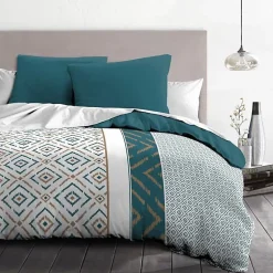 Parure de couette Microfibre ETHNO 220x240cm et 2 taies d'oreillers 63x63cm Bleu Canard