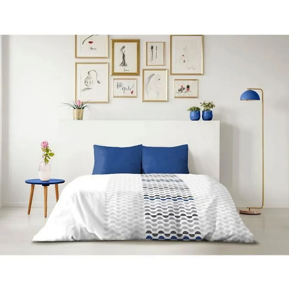 Parure de couette microfibre AMBROISIE - 1 housse de couette 220 x 240 cm + 2 taies d'oreiller 63 x 63 cm - Bleu