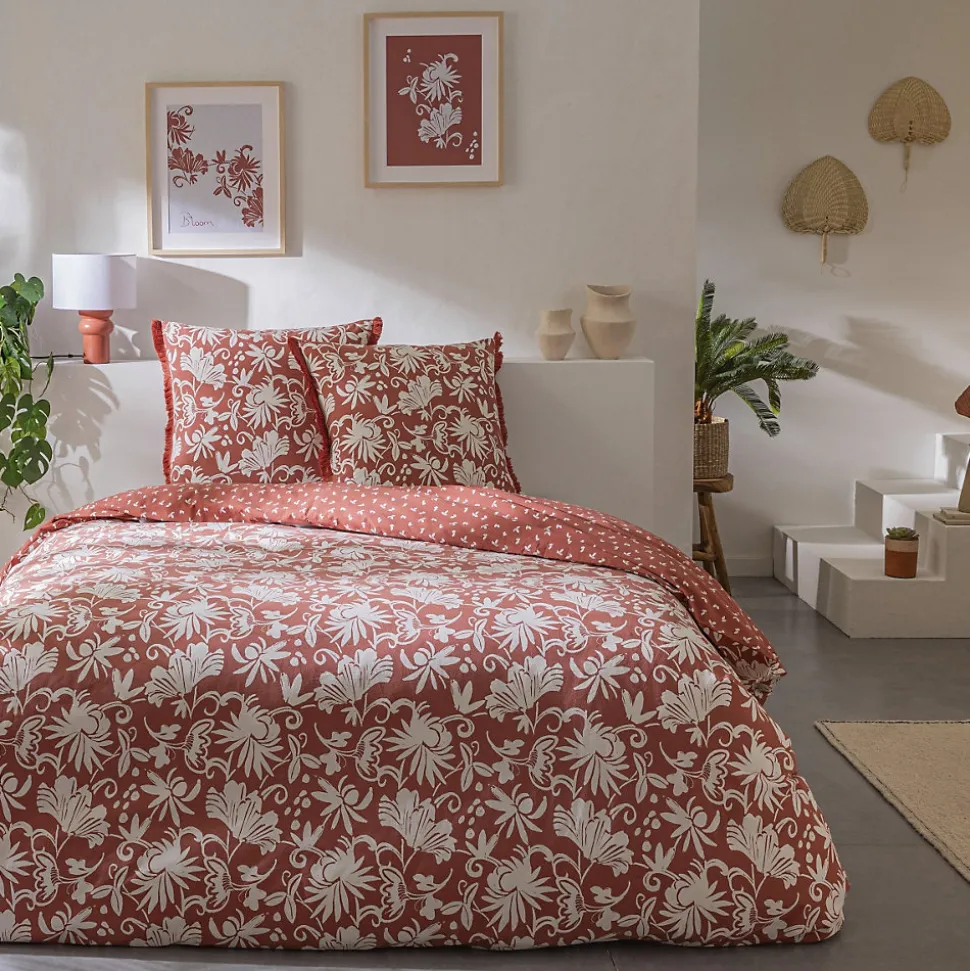 Parure de lit 2 personnes floral à franges en coton 240x220cm