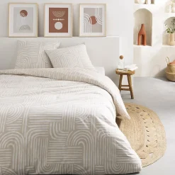 Parure de lit 2 personnes en coton 57 fils imprimé beige 240x220cm