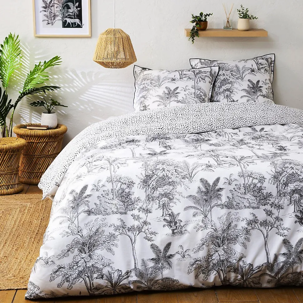 Parure de lit 2 personnes en coton 57 fils imprimé blanc 240x220cm