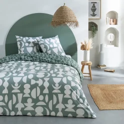 Parure de lit 2 personnes en coton 57 fils imprimé vert 240x220cm
