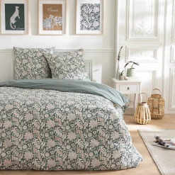 Parure de lit 2 personnes floral et pois en coton 260x240cm