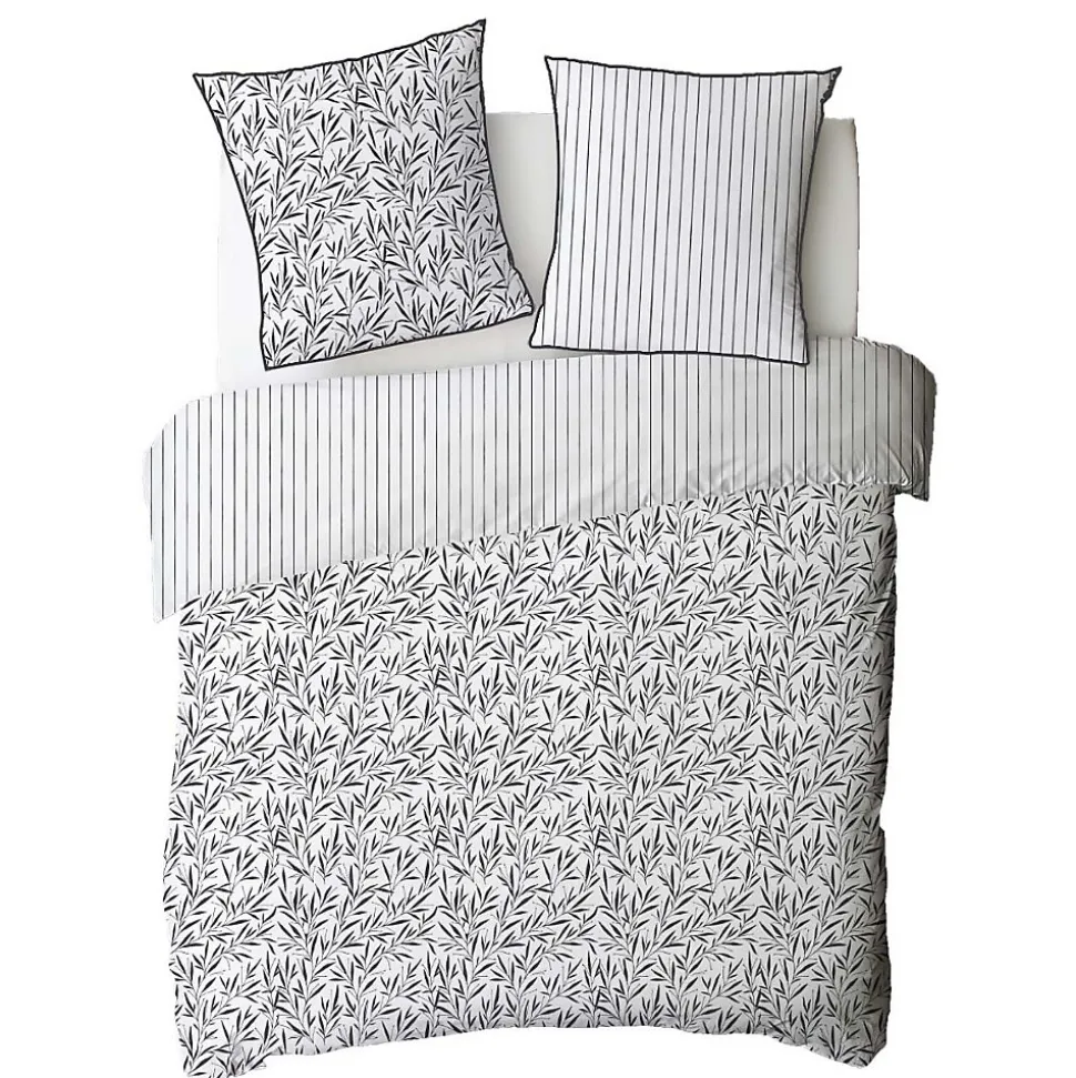 Parure de lit 2 personnes feuillage et rayures en coton 240x220cm