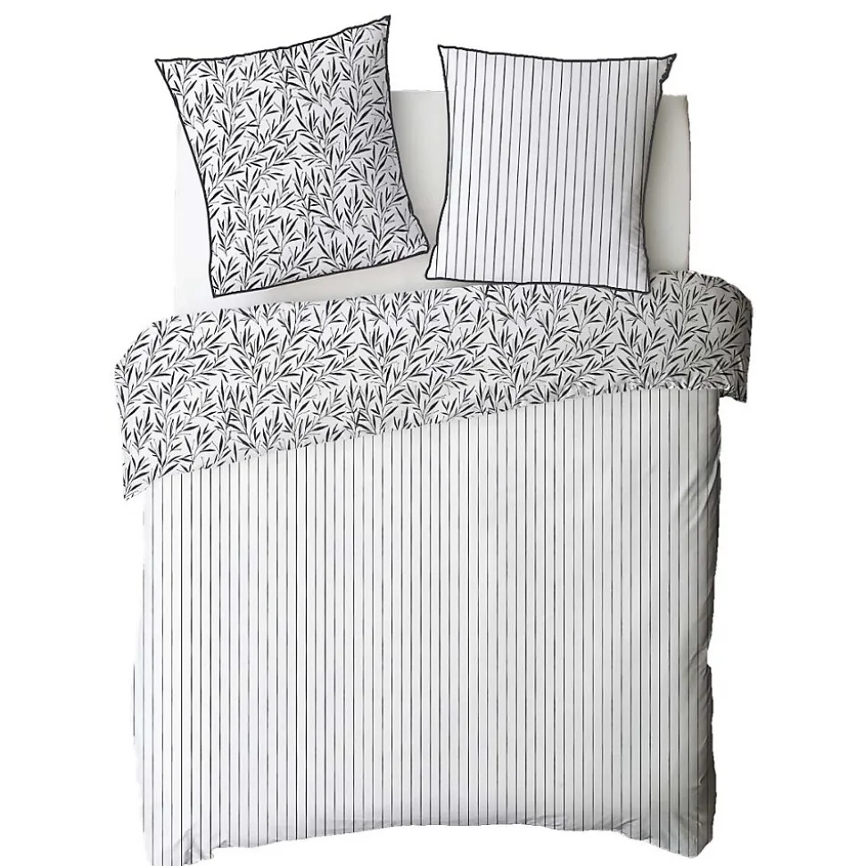 Parure de lit 2 personnes feuillage et rayures en coton 240x220cm
