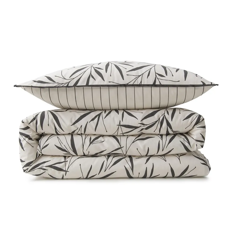 Parure de lit 2 personnes feuillage et rayures en coton 240x220cm