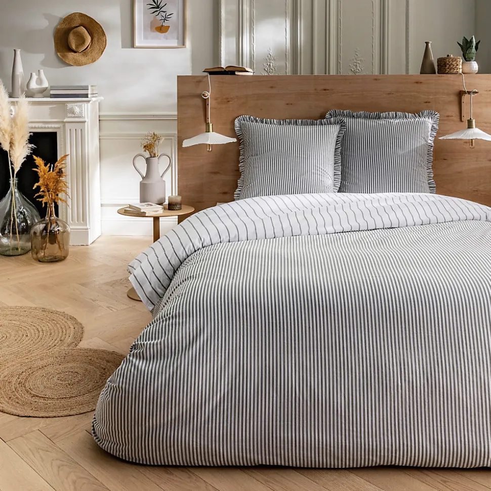 Parure de lit 2 personnes en coton 57 fils imprimé blanc 260x240cm