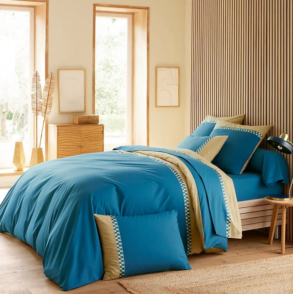 Parure de lit 3 pièces : housse 260x240 cm et taies 65x65 cm en percale de coton LINOA bleu cobalt