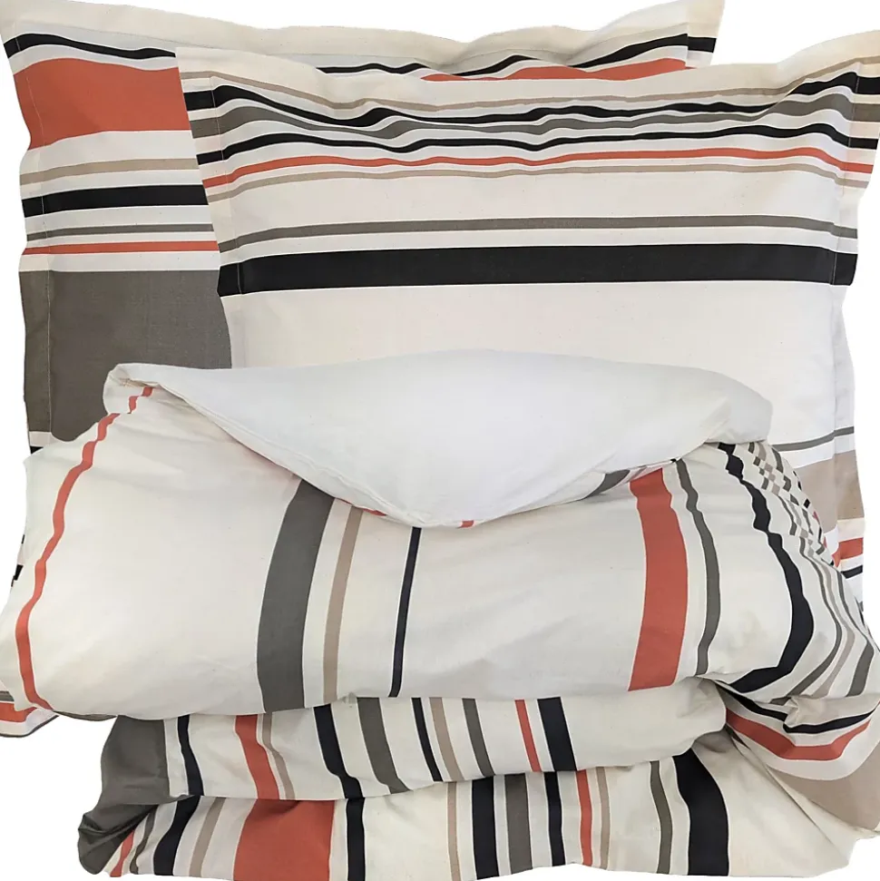 Parure de lit 3 pièces : housse 300x240 cm et taies 65x65 cm coton HUGO beige/corail