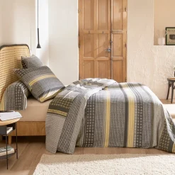 Parure de lit 2 pièces : housse 140x200 cm taie 65x65 cm 100% flanelle de coton JULES gris/jaune