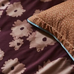 Parure de lit 2 pièces : housse 140x200 cm et taie 50x80 cm satin de coton COUP DE FOUDRE prune/caramel