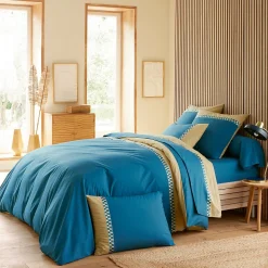 Parure de lit 3 pièces : housse 300x240 cm et taies 50x70 cm en percale de coton LINOA bleu cobalt