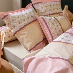 Parure de lit 2 pièces : housse 140x200 cm et taie 65x65 cm coton INOUK rose/beige