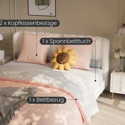 Parure de lit 4 pièces en polyester 160x200 cm, motif à carreaux style coton, résistante aux plis et à la décoloration - Rose