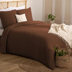 Parure de lit 3 pièces Flora gaze de coton marron 260x240cm - Atmosphera