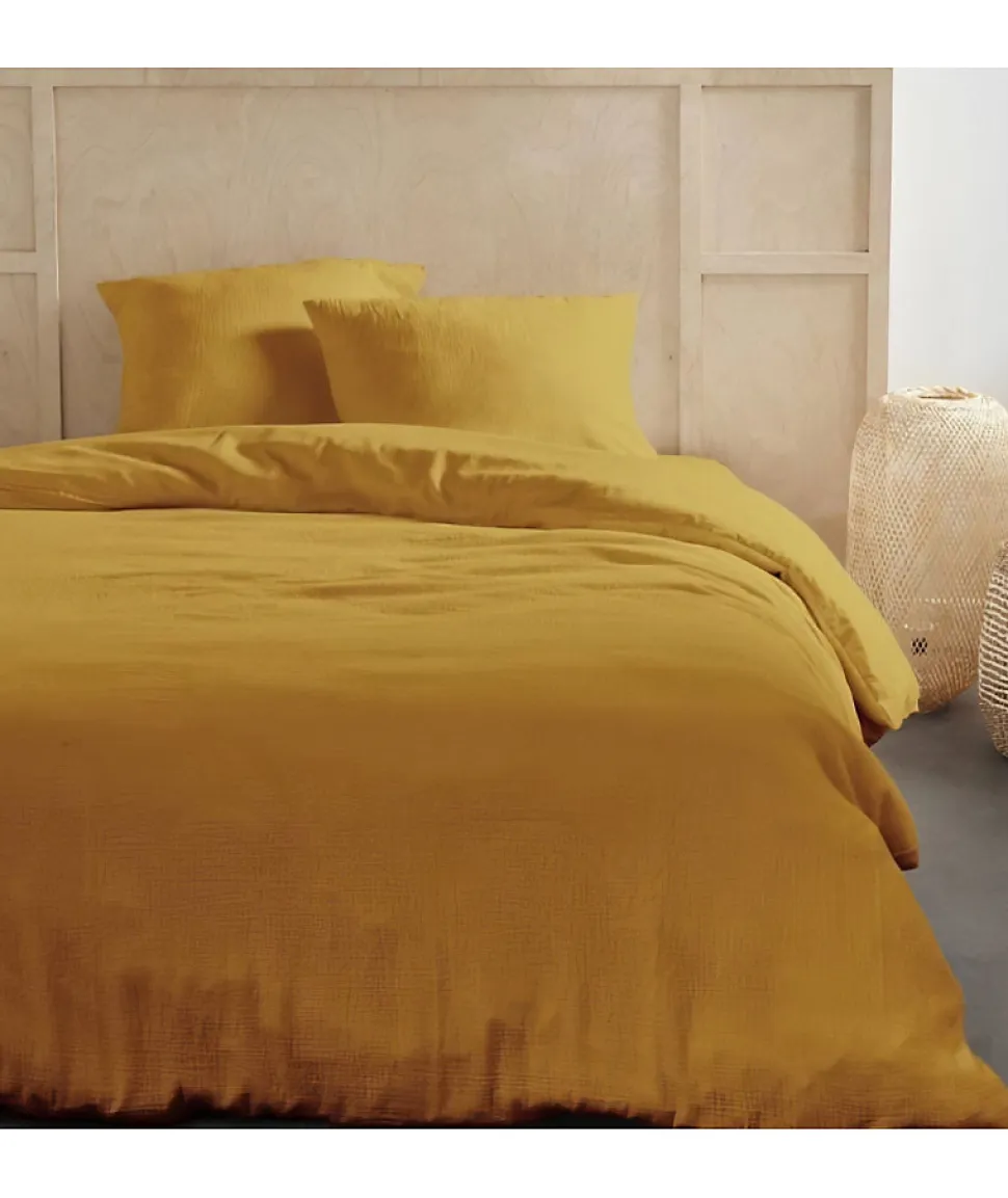 Parure de lit - TODAY - 123668 - 2 personnes - 240x220cm - Gaze de coton unie - Ocre