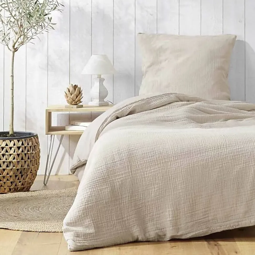 Parure de lit 140 x 200 cm double gaze coton uni 57 fils Angelia Sable