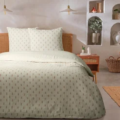 Parure de lit double à rayures fleurie effet lin 240x220cm