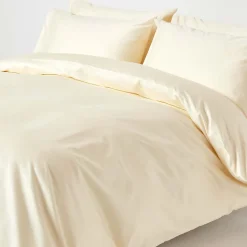 Parure de lit en satin de coton égyptien 1000 fils ivoire, 200x200cm - HOMESCAPES