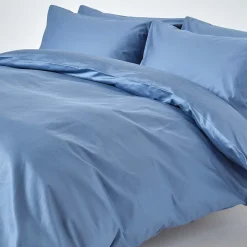 Parure de lit en satin de coton égyptien 1000 fils bleu, 200x200cm - HOMESCAPES