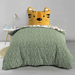 Parure de lit enfant TIGRY 140x200 cm 100% coton 1 taie tête de tigre Réversible alphabet & jungle