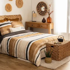 Parure de lit imprimée Hana - percale - jaune ocre - 240x220 cm - Atmosphera