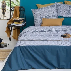 Parure de lit imprimée Tihora - percale - bleu - 240x220 cm - Atmosphera