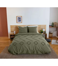 Parure de lit KAYL - 240x220 cm - Coton BCI lavé tufté - 52 fils,cm² - Kaki - 220x240cm - Vert kaki