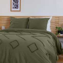 Parure de lit KAYL - 240x220 cm - Coton BCI lavé tufté - 52 fils,cm² - Kaki - 220x240cm - Vert kaki