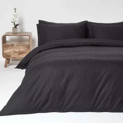 Parure de lit satin rayé en coton égyptien 330 fils noir, 200x200cm - HOMESCAPES