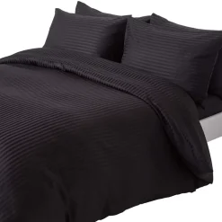 Parure de lit satin rayé en coton égyptien 330 fils noir, 200x200cm - HOMESCAPES