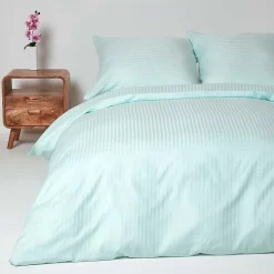 Parure de lit satin rayé en coton égyptien 330 fils bleu, 155x220cm - HOMESCAPES