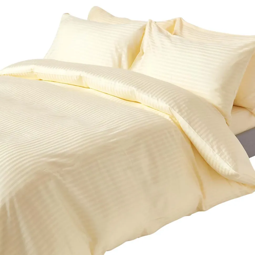 Parure de lit satin rayé en coton égyptien 330 fils jaune pâle, 200x200cm - HOMESCAPES