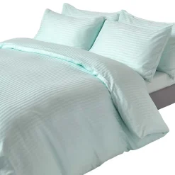 Parure de lit satin rayé en coton égyptien 330 fils bleu, 200x200cm - HOMESCAPES