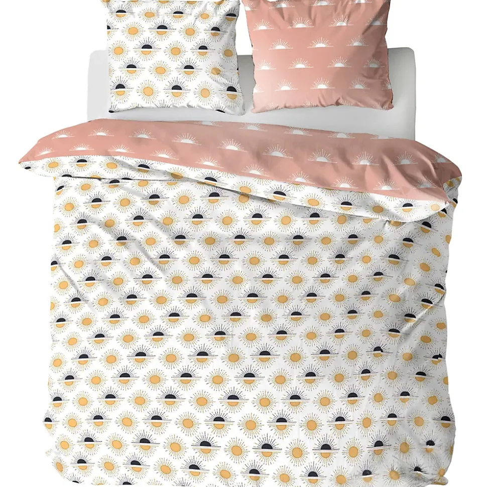 Parure de lit TERRAMEA 260x240 cm pur coton blanc motifs solaires 3 pièces