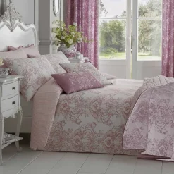 Parure de lit Toile de Jouy en polycoton - rose, 200x200cm - HOMESCAPES