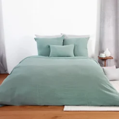 Parure de lit 240x220 cm double gaze de coton GAZGAZ vert amande 3 pièces