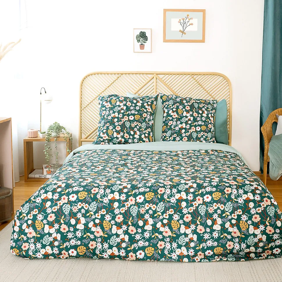 Parure de lit 260x240 cm microfibre CUEILLETTE vert 3 pièces