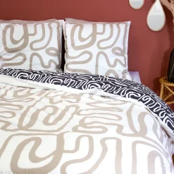 Parure de lit 260x240 cm pur coton collection SIDNIE blanc motif abstrait 3 pièces